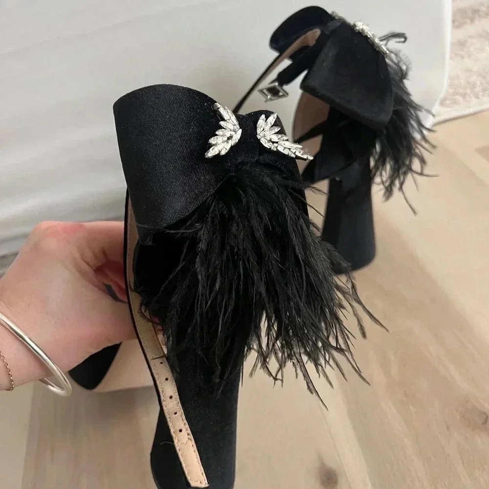 Antonio Melani Heels Bow Velvet Black Rhinestones feathers platform Janie